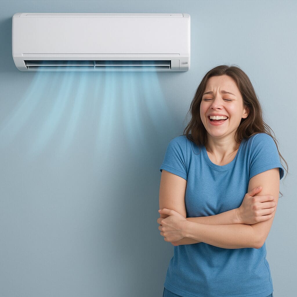 What fan speed is best for cooling AC in Portland? Woman smiling and shivering in front of air conditioning unit, illustrating effective cooling and comfort in a home setting.
